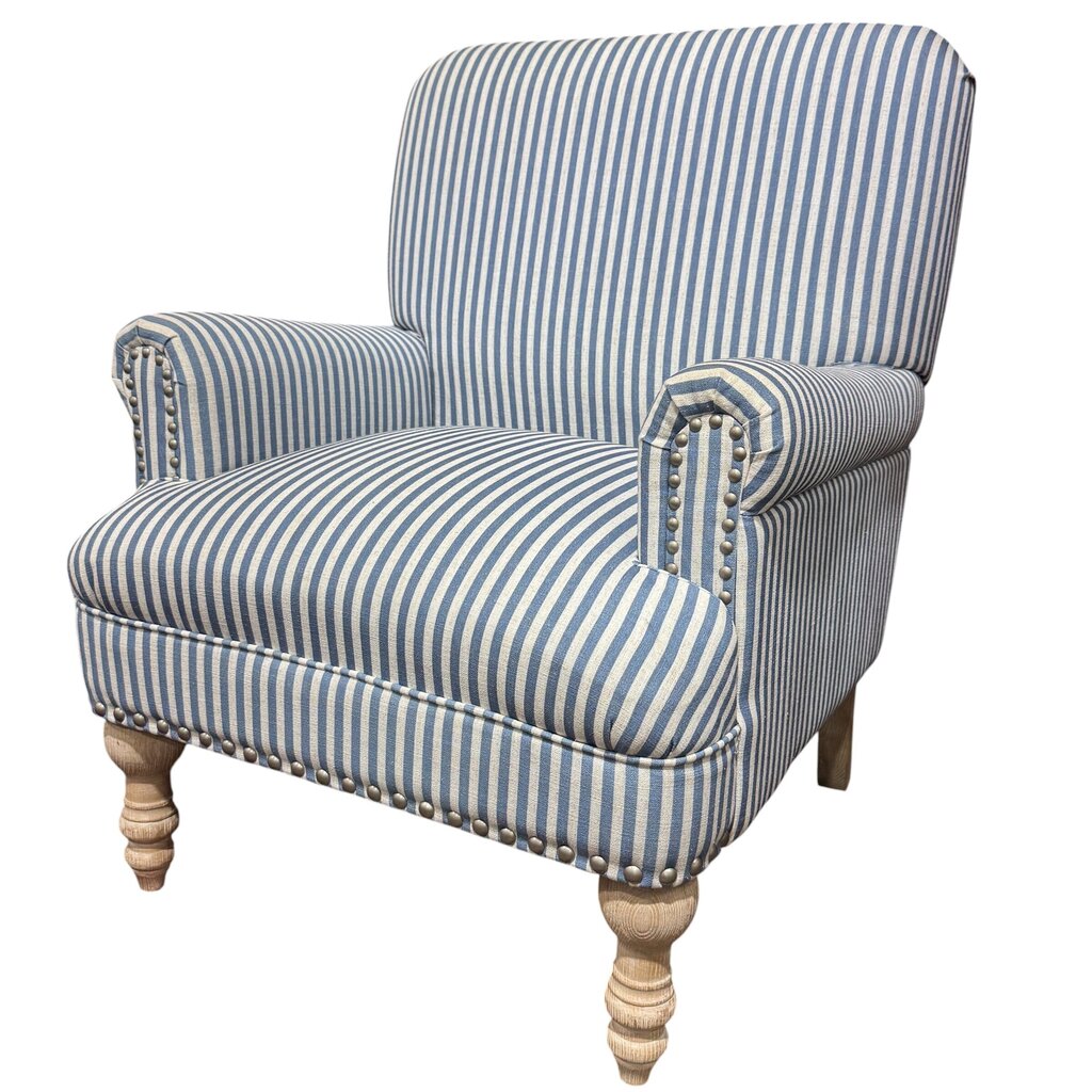 Pair of Blue-and-White Stripe Accent Chairs w/ Whitewash Wooden Legs 29Lx30Wx36H