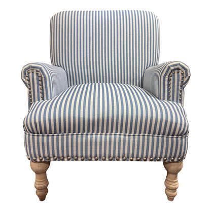 Pair of Blue-and-White Stripe Accent Chairs w/ Whitewash Wooden Legs 29Lx30Wx36H