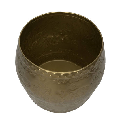 Pair of Gold Debossed Metal Drum Side Tables OR Planters 20Lx20Wx18H