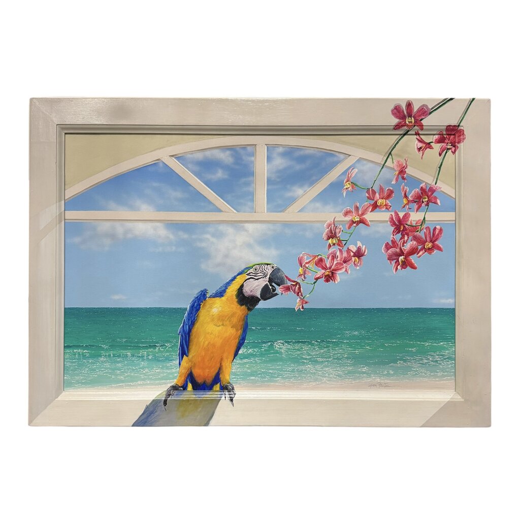 Lynn Fecteau Florida Original Painting "Parrot & Orchids" Acrylic on Canvas 42Lx30H
