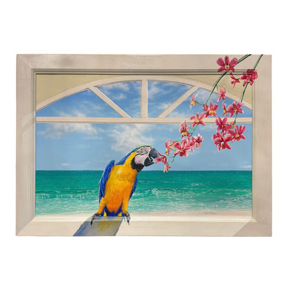Lynn Fecteau Florida Original Painting "Parrot & Orchids" Acrylic on Canvas 42Lx30H