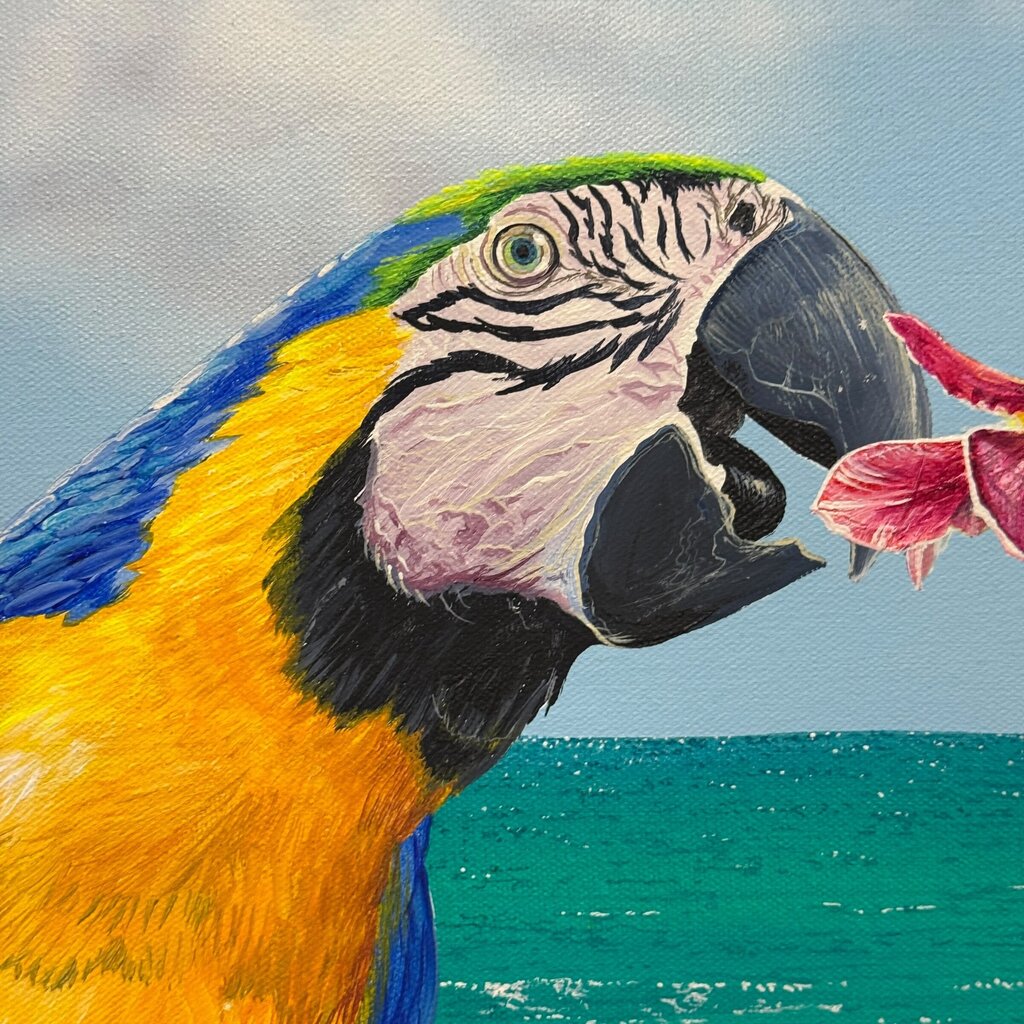 Lynn Fecteau Florida Original Painting "Parrot & Orchids" Acrylic on Canvas 42Lx30H