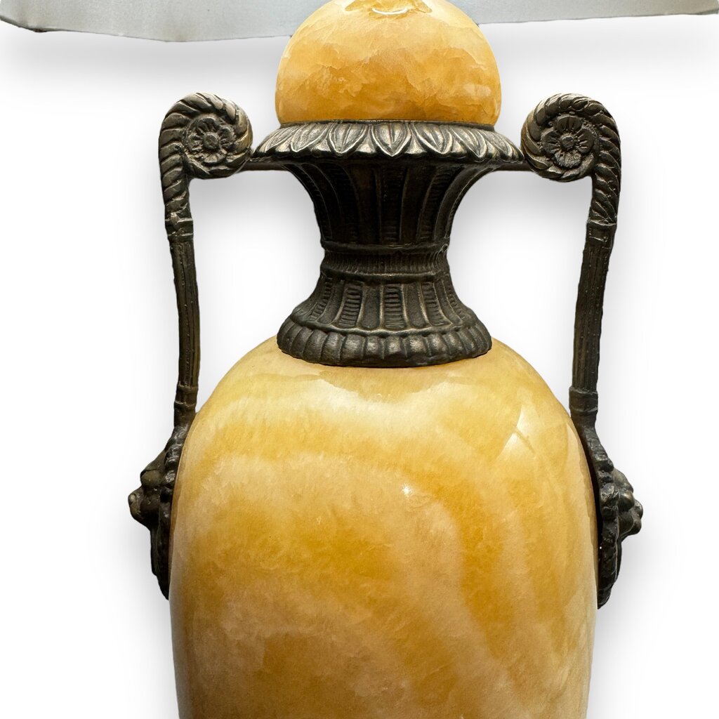 Pair Mid Century Italian Regency Onyx Brass Lionhead Lamps 14Lx14Wx31H