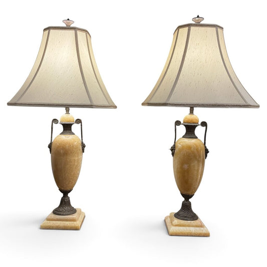 Pair Mid Century Italian Regency Onyx Brass Lionhead Lamps 14Lx14Wx31H
