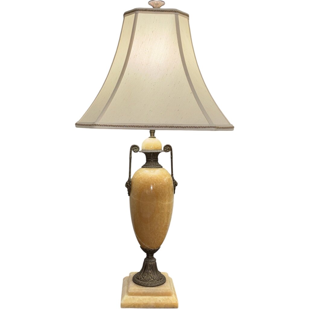 Pair Mid Century Italian Regency Onyx Brass Lionhead Lamps 14Lx14Wx31H