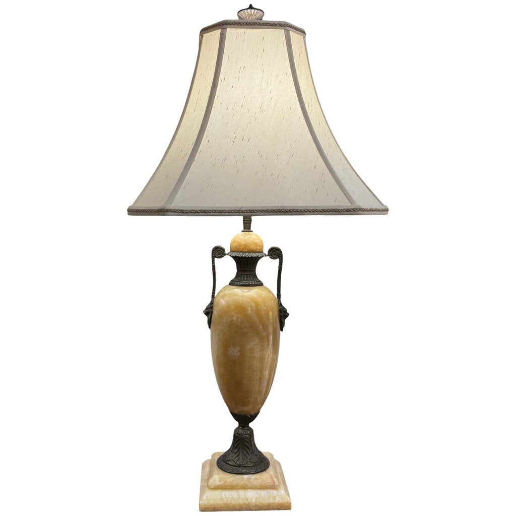 Pair Mid Century Italian Regency Onyx Brass Lionhead Lamps 14Lx14Wx31H
