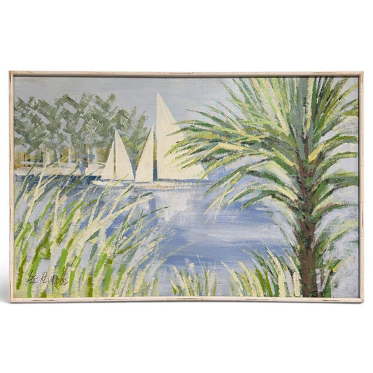 MCM Lee Reynolds Vanguard Studios Coastal Sailboat Painting 49Lx32H