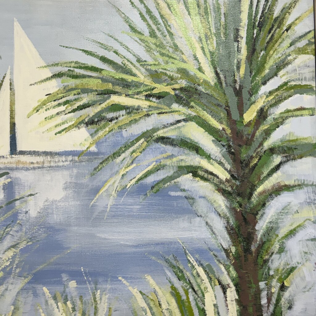 MCM Lee Reynolds Vanguard Studios Coastal Sailboat Painting 49Lx32H
