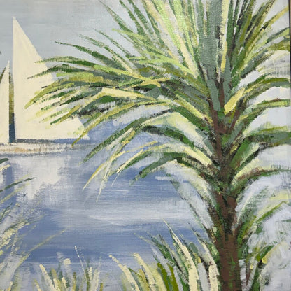 MCM Lee Reynolds Vanguard Studios Coastal Sailboat Painting 49Lx32H