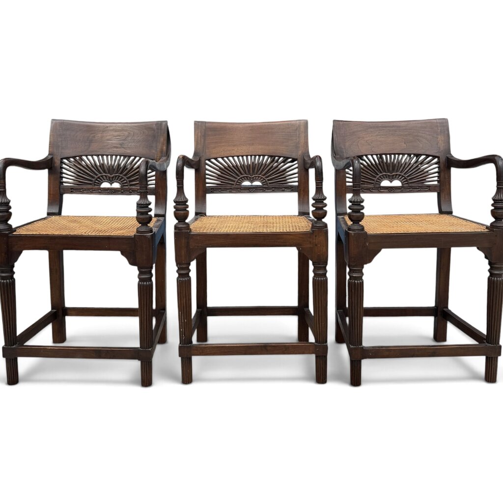 Set of 3 Regency Mahogany Sunburst Cane Counter Stools 21Lx21Wx40H