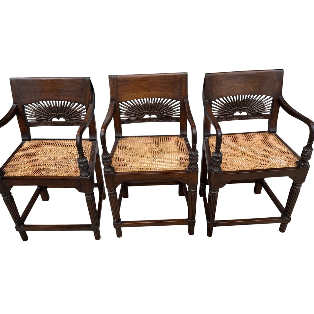 Set of 3 Regency Mahogany Sunburst Cane Counter Stools 21Lx21Wx40H