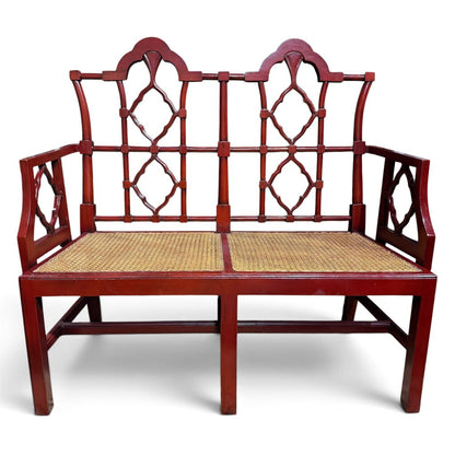 Vintage Chinese Chippendale Red Lacquer Cane Settee 48Lx24Wx45H