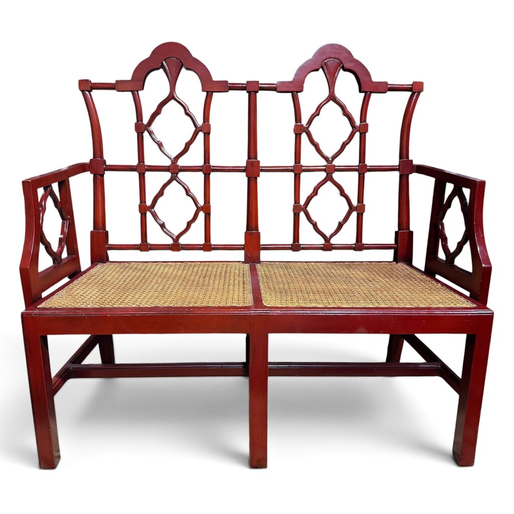 Vintage Chinese Chippendale Red Lacquer Cane Settee 50Lx21Wx45H