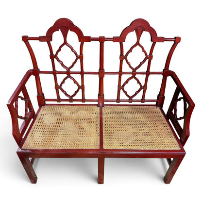 Vintage Chinese Chippendale Red Lacquer Cane Settee 50Lx21Wx45H