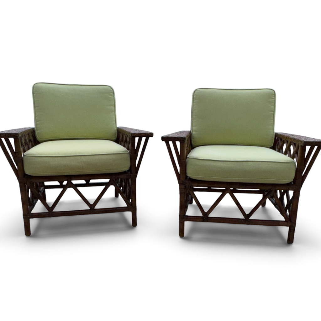 Pair Vintage Maine Cottage Rattan Lounge Chairs w/ Green Cushions 34Lx30Wx34H