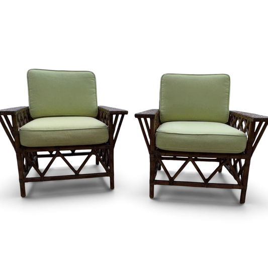 Pair Vintage Maine Cottage Rattan Lounge Chairs w/ Green Cushions 34Lx30Wx34H