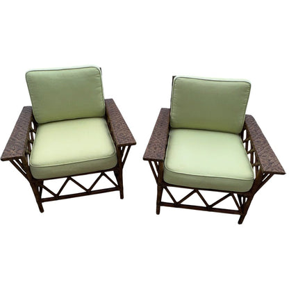 Pair Vintage Maine Cottage Rattan Lounge Chairs w/ Green Cushions 34Lx30Wx34H