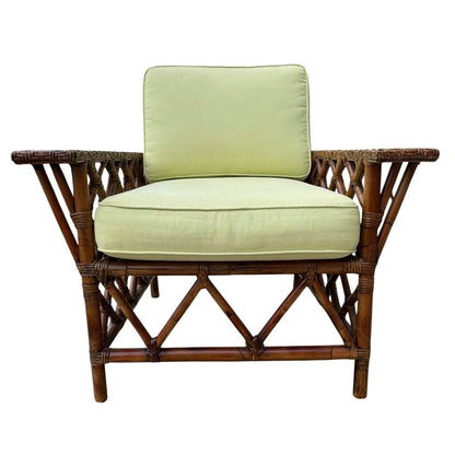 Pair Vintage Maine Cottage Rattan Lounge Chairs w/ Green Cushions 34Lx30Wx34H
