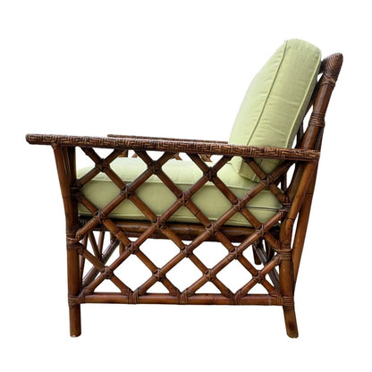 Pair Vintage Maine Cottage Rattan Lounge Chairs w/ Green Cushions 34Lx30Wx34H