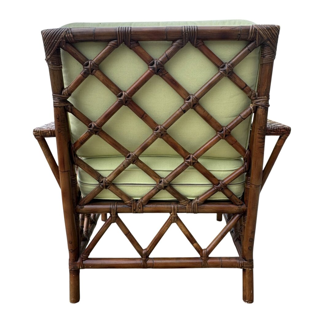 Pair Vintage Maine Cottage Rattan Lounge Chairs w/ Green Cushions 34Lx30Wx34H