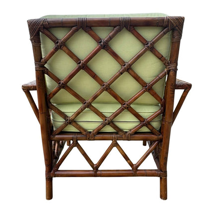 Pair Vintage Maine Cottage Rattan Lounge Chairs w/ Green Cushions 34Lx30Wx34H