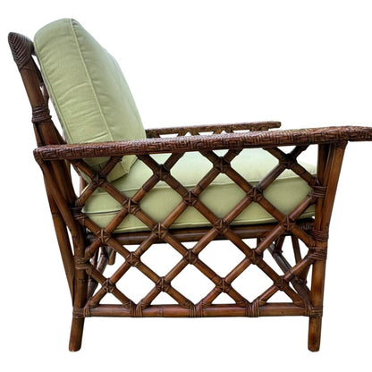 Pair Vintage Maine Cottage Rattan Lounge Chairs w/ Green Cushions 34Lx30Wx34H