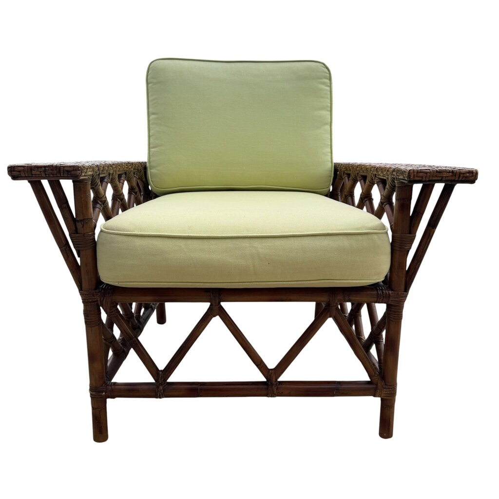 Pair Vintage Maine Cottage Rattan Lounge Chairs w/ Green Cushions 34Lx30Wx34H