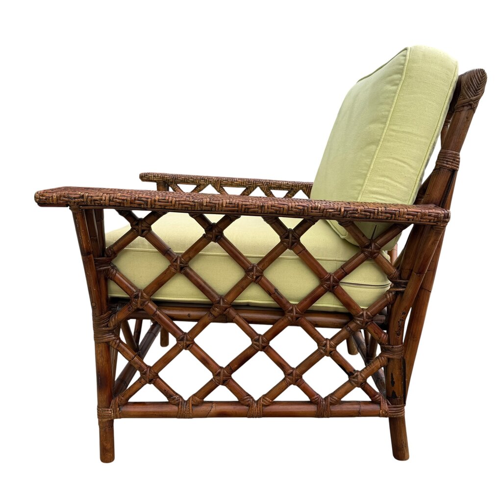 Pair Vintage Maine Cottage Rattan Lounge Chairs w/ Green Cushions 34Lx30Wx34H