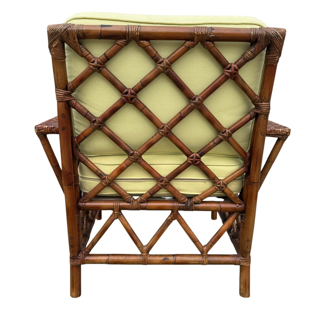 Pair Vintage Maine Cottage Rattan Lounge Chairs w/ Green Cushions 34Lx30Wx34H