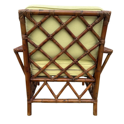 Pair Vintage Maine Cottage Rattan Lounge Chairs w/ Green Cushions 34Lx30Wx34H