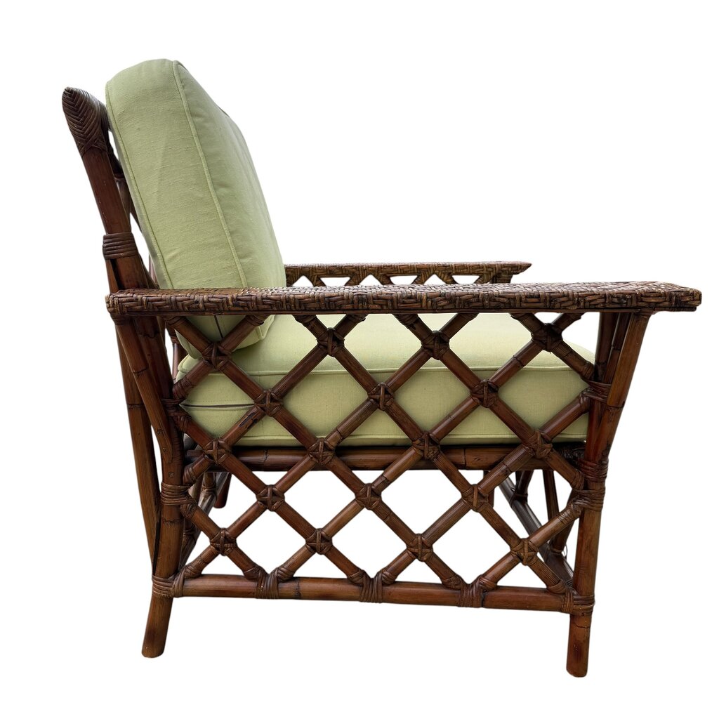 Pair Vintage Maine Cottage Rattan Lounge Chairs w/ Green Cushions 34Lx30Wx34H