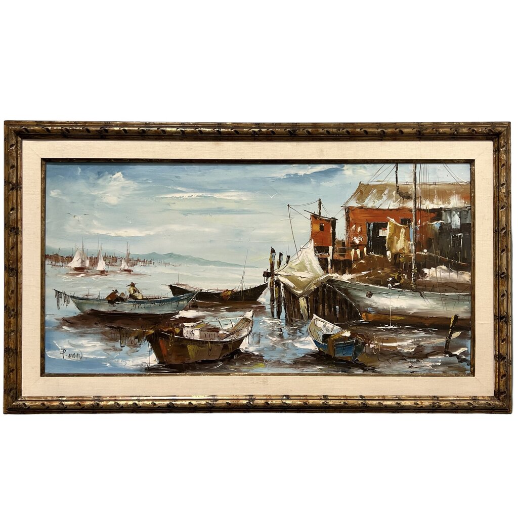 Patrick Mann Vintage French Impasto Oil Harbor Fishing Village Painting 56Lx33H