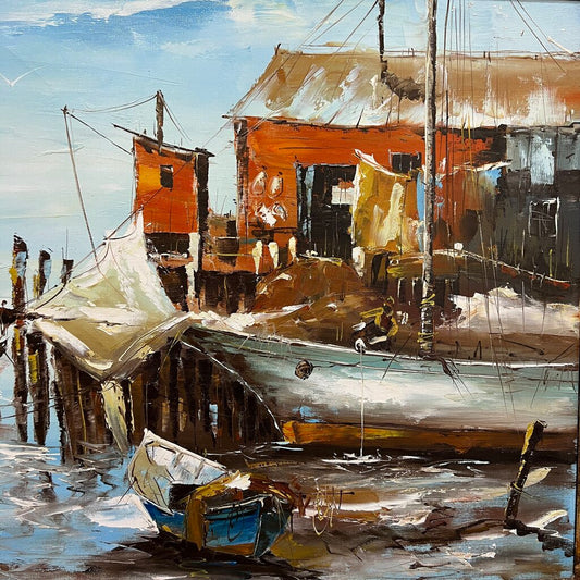 Patrick Mann Vintage French Impasto Oil Harbor Fishing Village Painting 56Lx33H