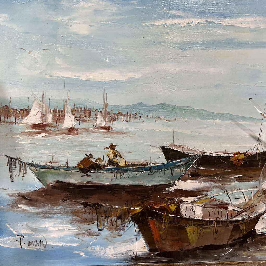Patrick Mann Vintage French Impasto Oil Harbor Fishing Village Painting 56Lx33H