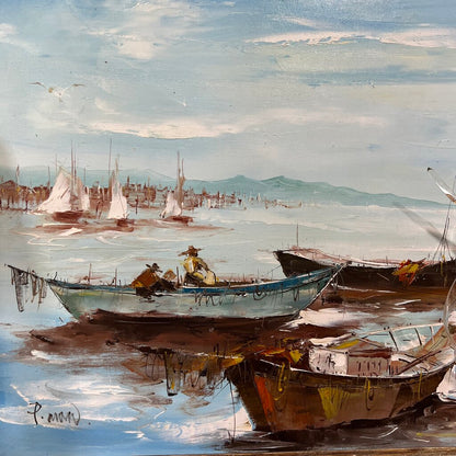Patrick Mann Vintage French Impasto Oil Harbor Fishing Village Painting 56Lx33H