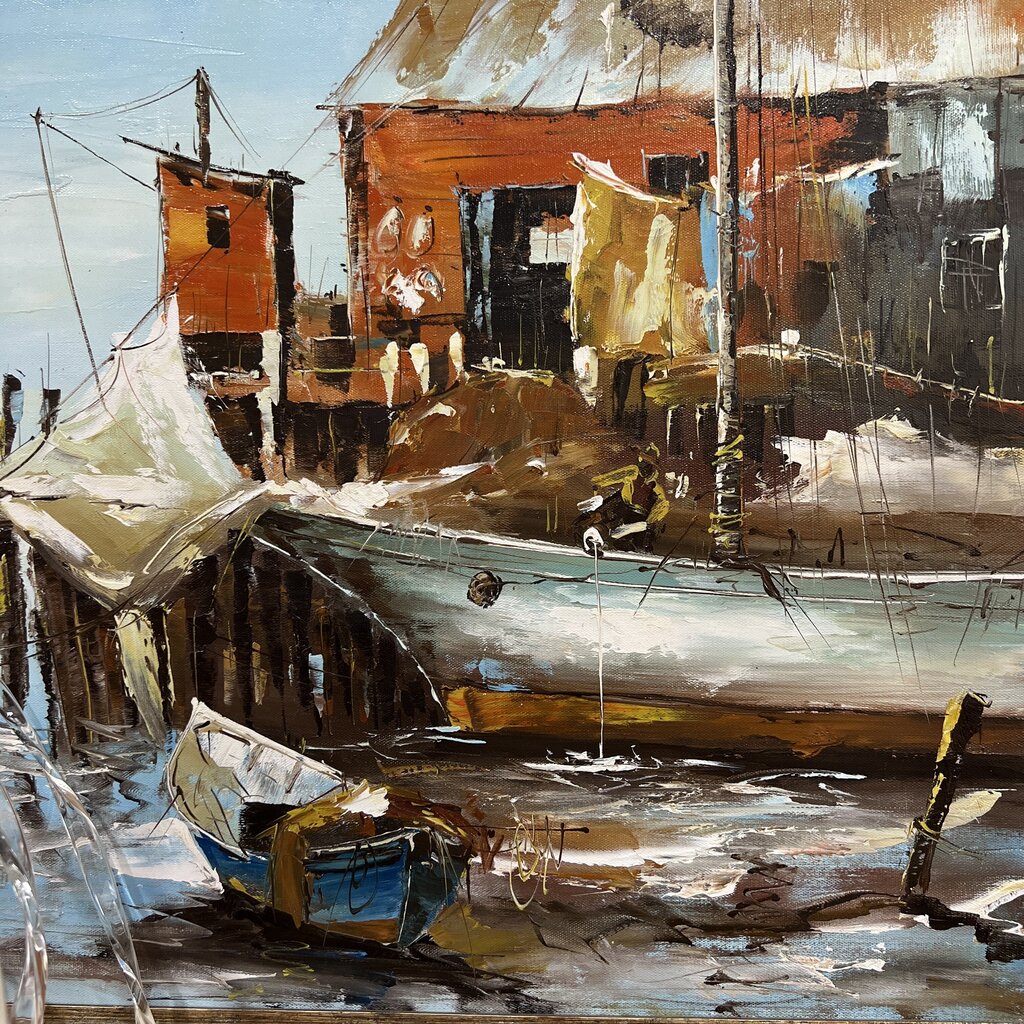 Patrick Mann Vintage French Impasto Oil Harbor Fishing Village Painting 56Lx33H