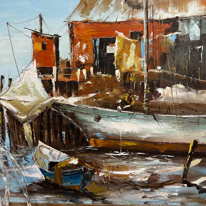 Patrick Mann Vintage French Impasto Oil Harbor Fishing Village Painting 56Lx33H