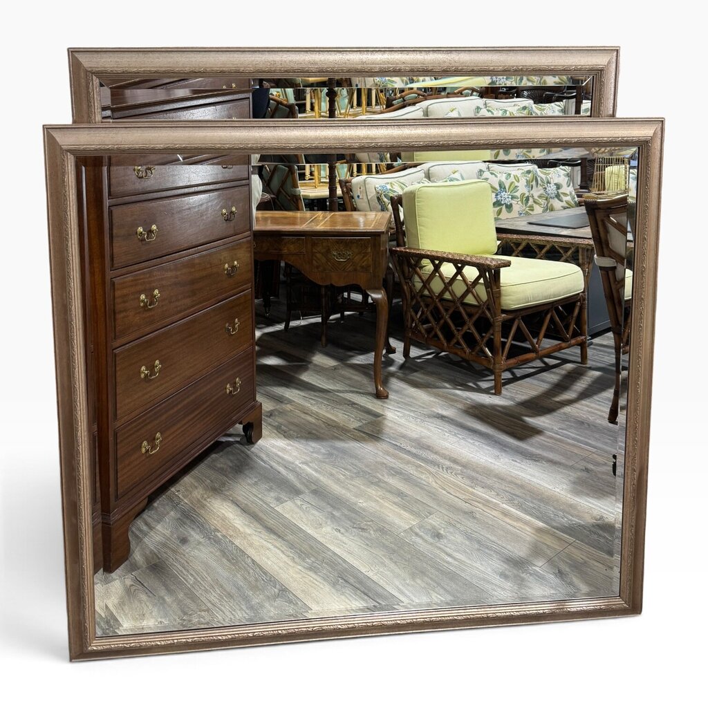 Pair Custom Wood Framed Beveled Mirrors w/ Antiqued Silver Finish 48Lx54H
