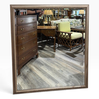 Pair Custom Wood Framed Beveled Mirrors w/ Antiqued Silver Finish 48Lx54H