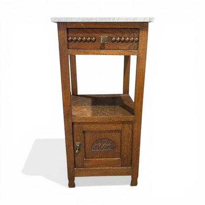 Antique French Oak Marble-Top Bedside Cabinet Circa 1890 16Lx16Wx33H