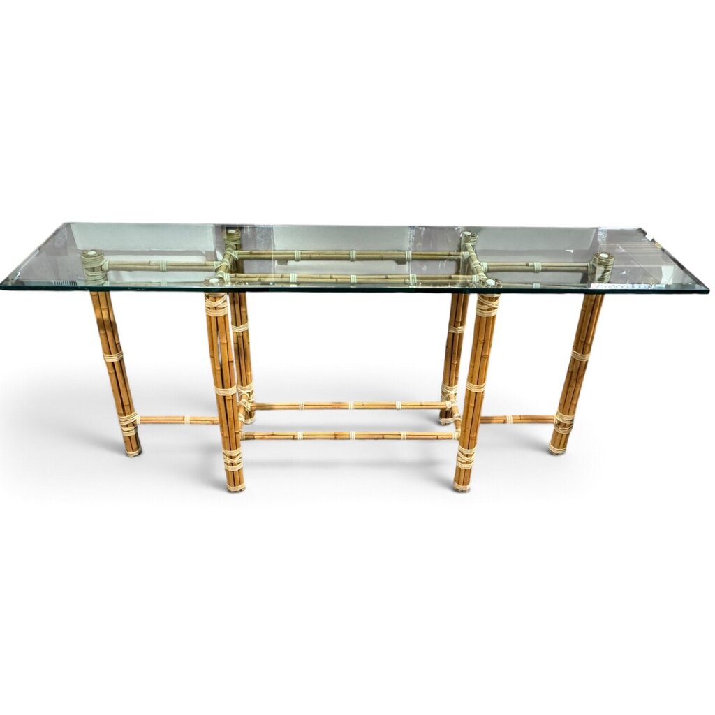 McGuire Originals John McGuire Bamboo & Rawhide Six-Leg Console Table w/ Beveled Glass Top 72Lx18Wx29H