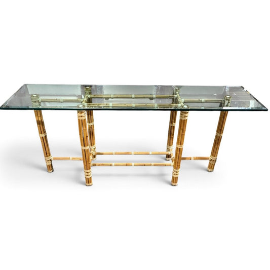 McGuire Originals John McGuire Bamboo & Rawhide Six-Leg Console Table w/ Beveled Glass Top 72Lx18Wx29H
