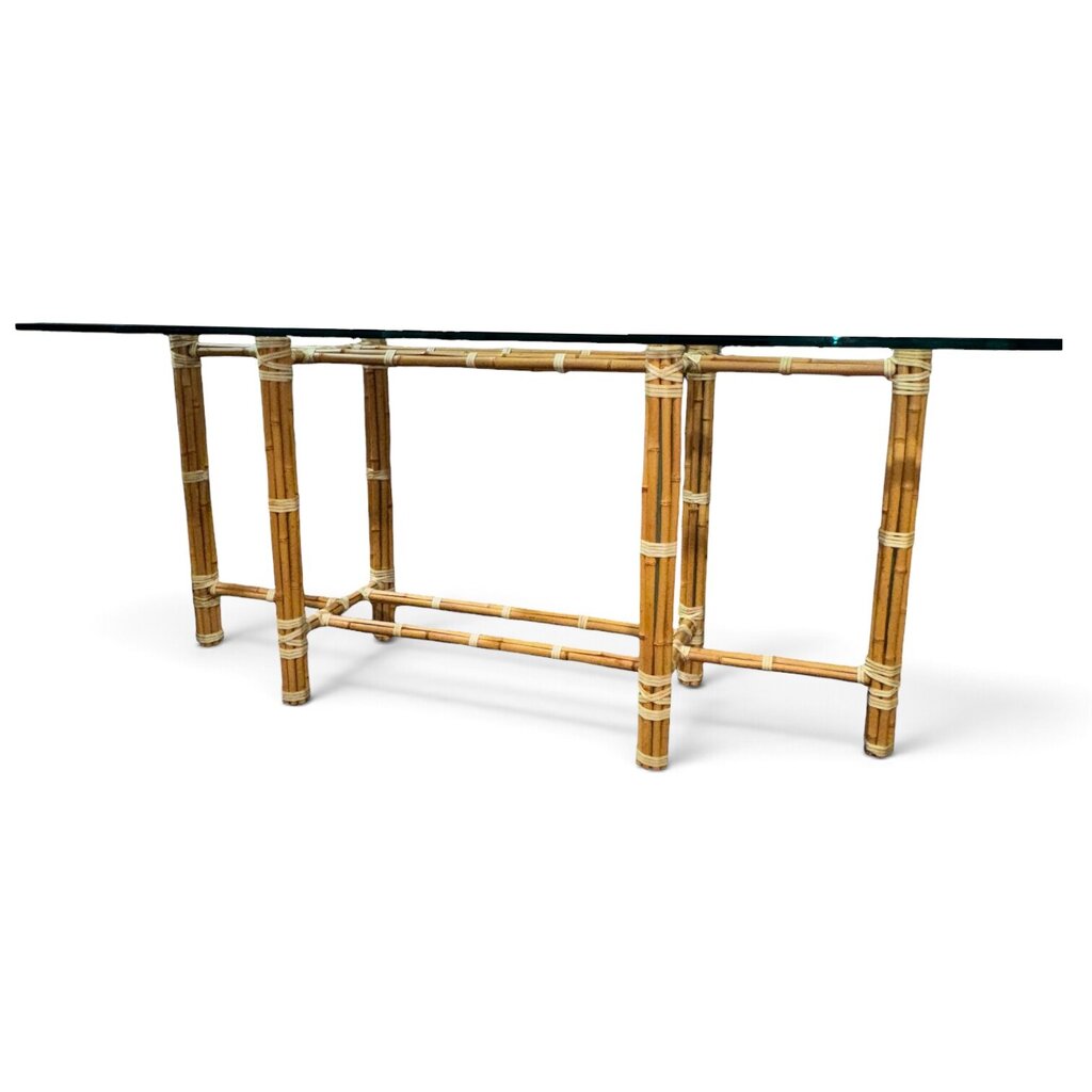 McGuire Originals John McGuire Bamboo & Rawhide Six-Leg Console Table w/ Beveled Glass Top 72Lx18Wx29H