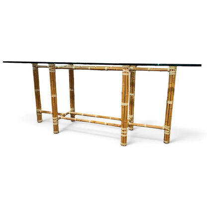 McGuire Originals John McGuire Bamboo & Rawhide Six-Leg Console Table w/ Beveled Glass Top 72Lx18Wx29H