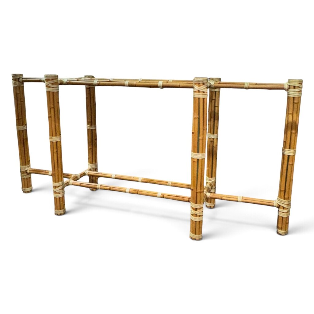 McGuire Originals John McGuire Bamboo & Rawhide Six-Leg Console Table w/ Beveled Glass Top 72Lx18Wx29H