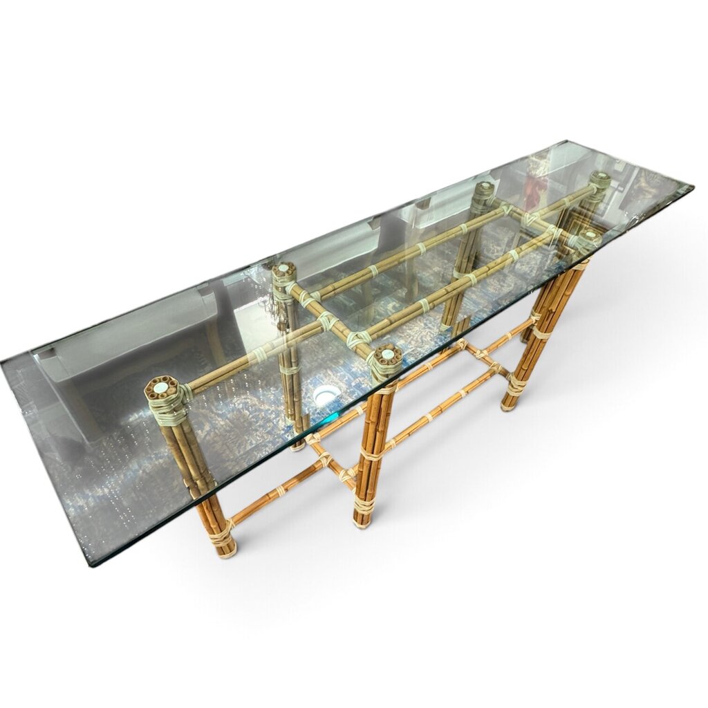 McGuire Originals John McGuire Bamboo & Rawhide Six-Leg Console Table w/ Beveled Glass Top 72Lx18Wx29H