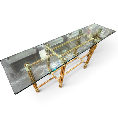 McGuire Originals John McGuire Bamboo & Rawhide Six-Leg Console Table w/ Beveled Glass Top 72Lx18Wx29H