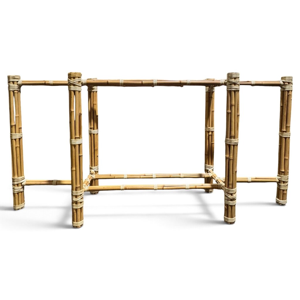McGuire Originals John McGuire Bamboo & Rawhide Six-Leg Console Table w/ Beveled Glass Top 72Lx18Wx29H