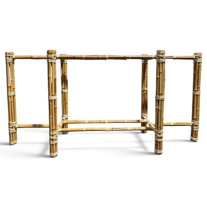 McGuire Originals John McGuire Bamboo & Rawhide Six-Leg Console Table w/ Beveled Glass Top 72Lx18Wx29H