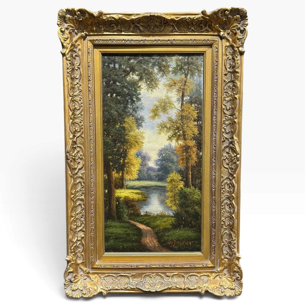 W. Rosselli Signed Original Oil on Canvas Woodland River Landscape 20Lx32H